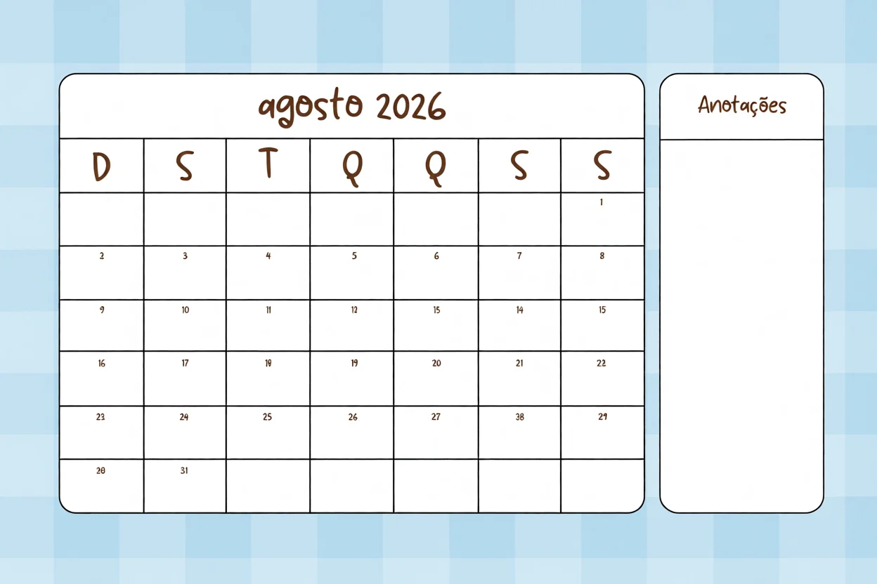Calendu00e1rio de Agosto 2026 Para Imprimir