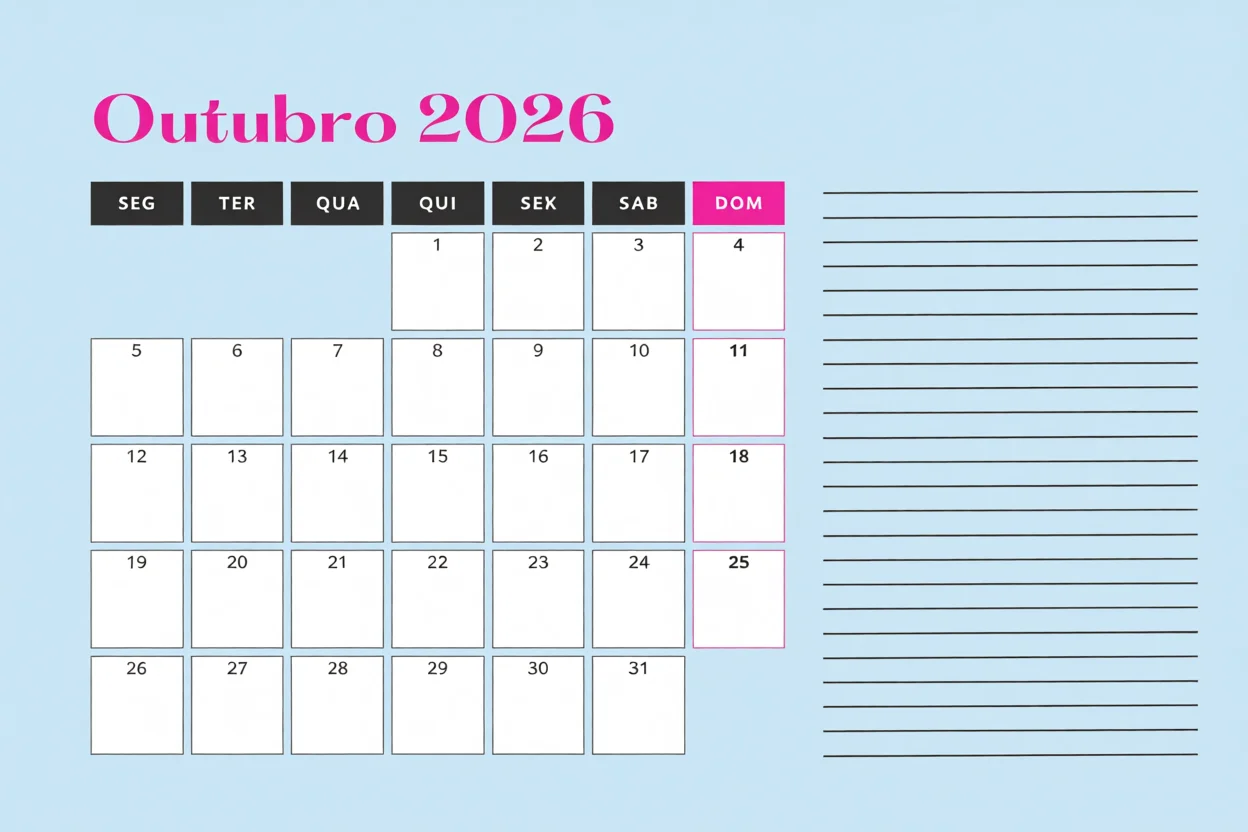 Calendu00e1rio de Outubro 2026 Para Imprimir