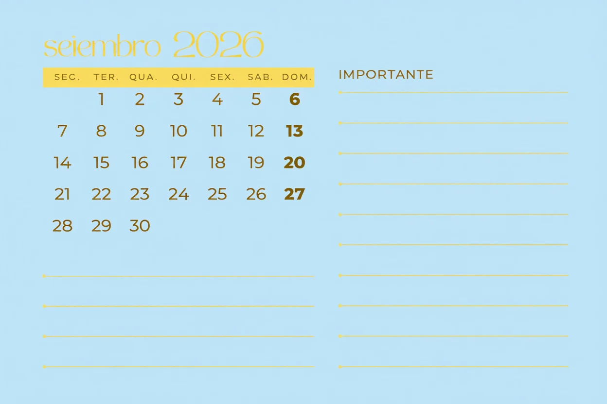 Calendu00e1rio de Setembro 2026 Para Imprimir