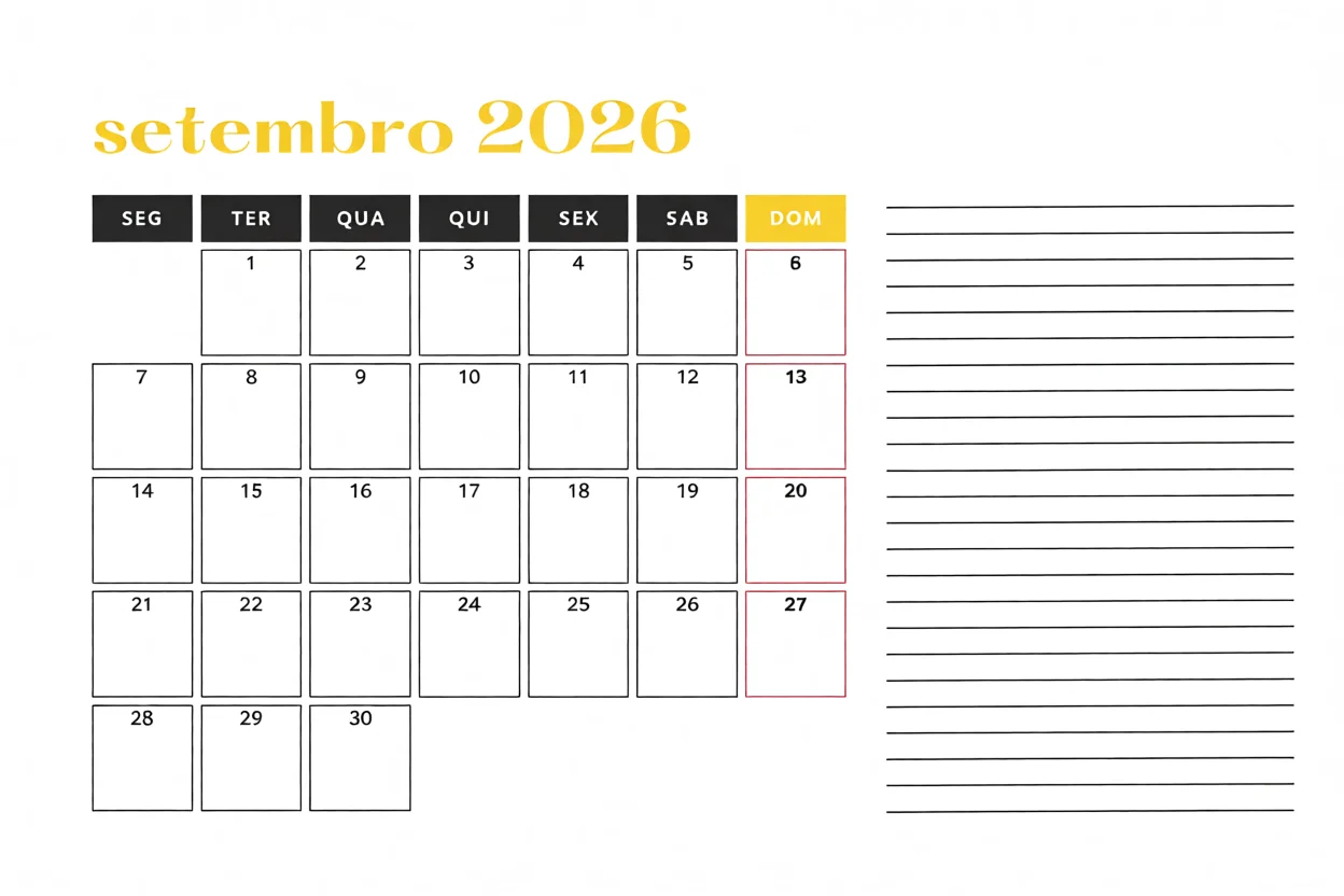 Calendu00e1rio de Setembro 2026 Para Imprimir