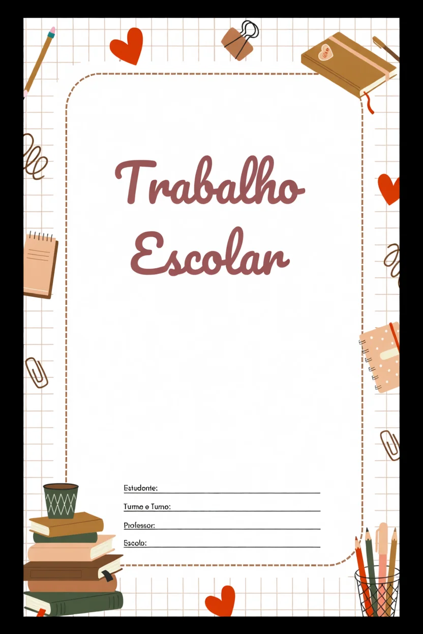 Capa de Trabalho Escolar Para Imprimir com Itens de Estudo e Corau00e7u00e3o