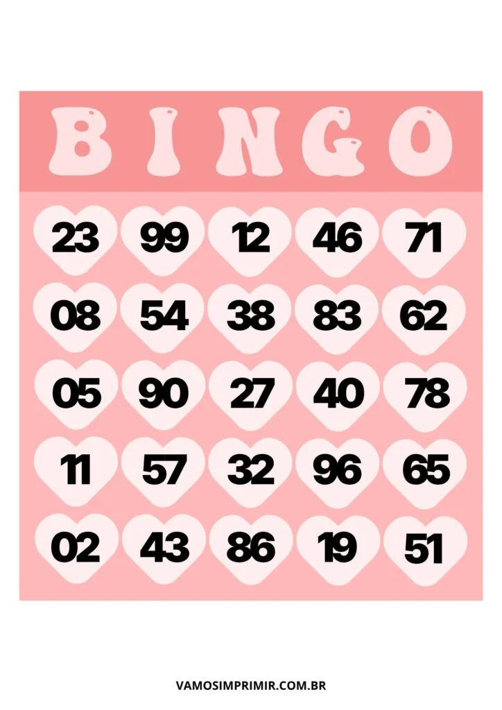 Cartela de Bingo Para Imprimir com Corau00e7u00f5es e Nu00fameros