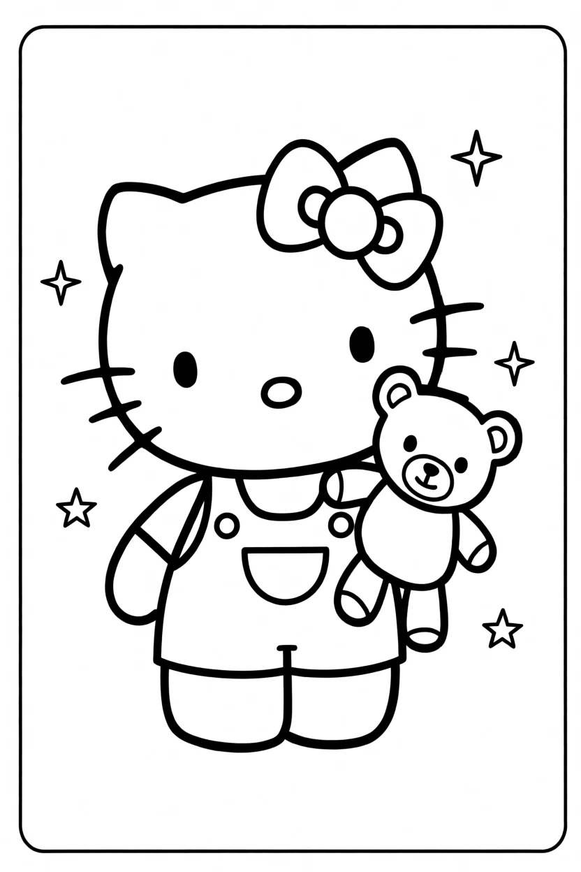 Desenho da Hello Kitty com Ursinho Para Imprimir e Colorir