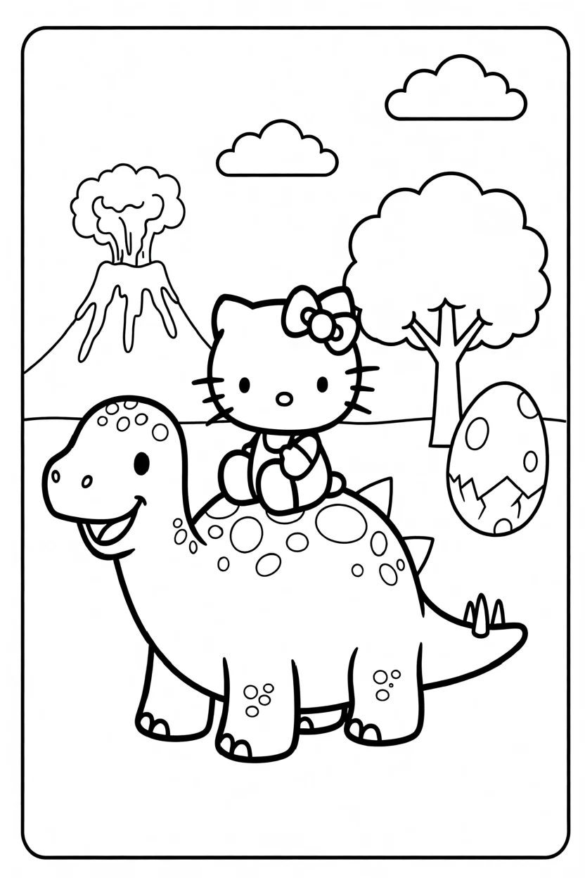 Desenho da Hello Kitty com Dinossauro Para Imprimir e Colorir