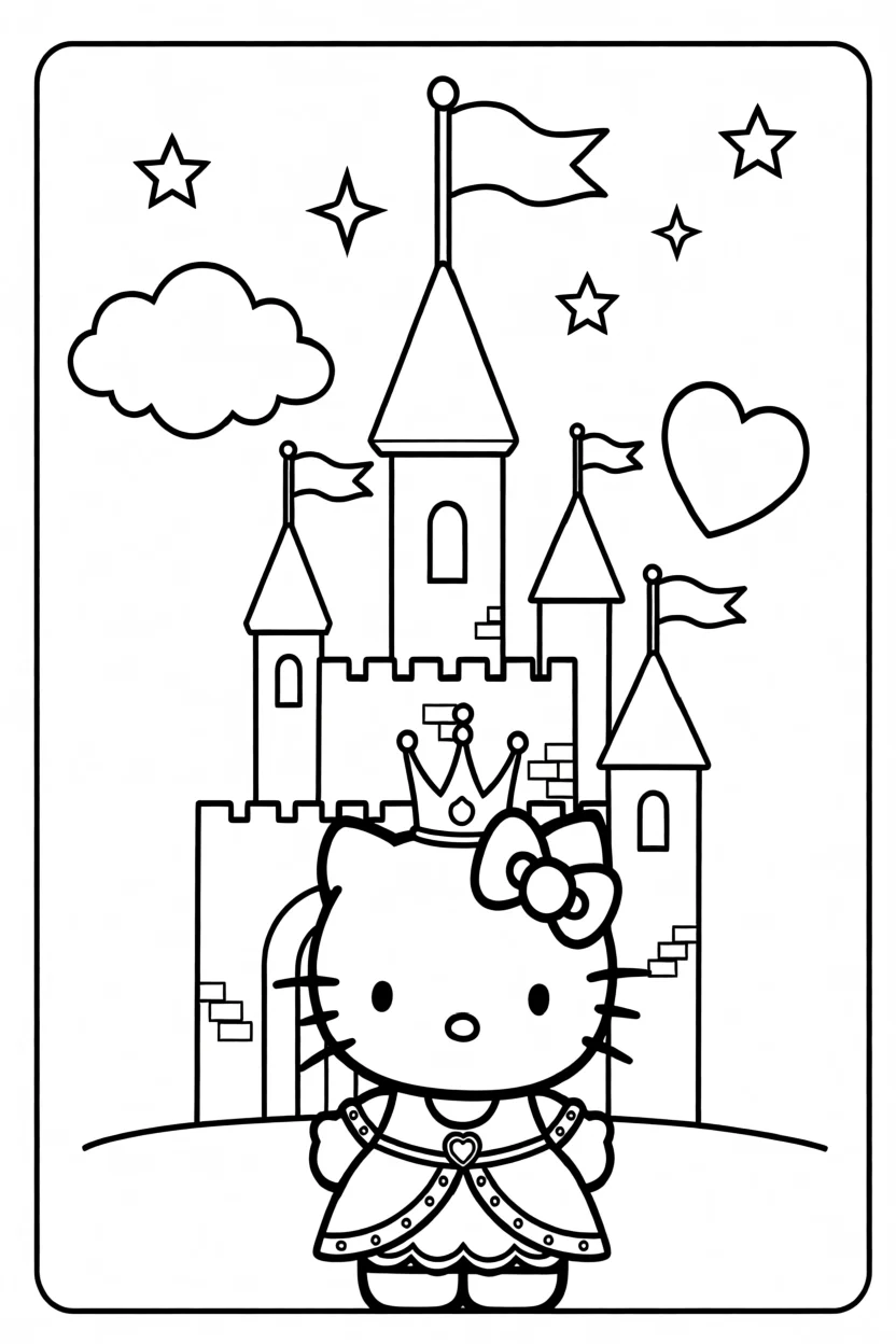 Desenho da Hello Kitty Princesa com Castelo Para Imprimir e Colorir