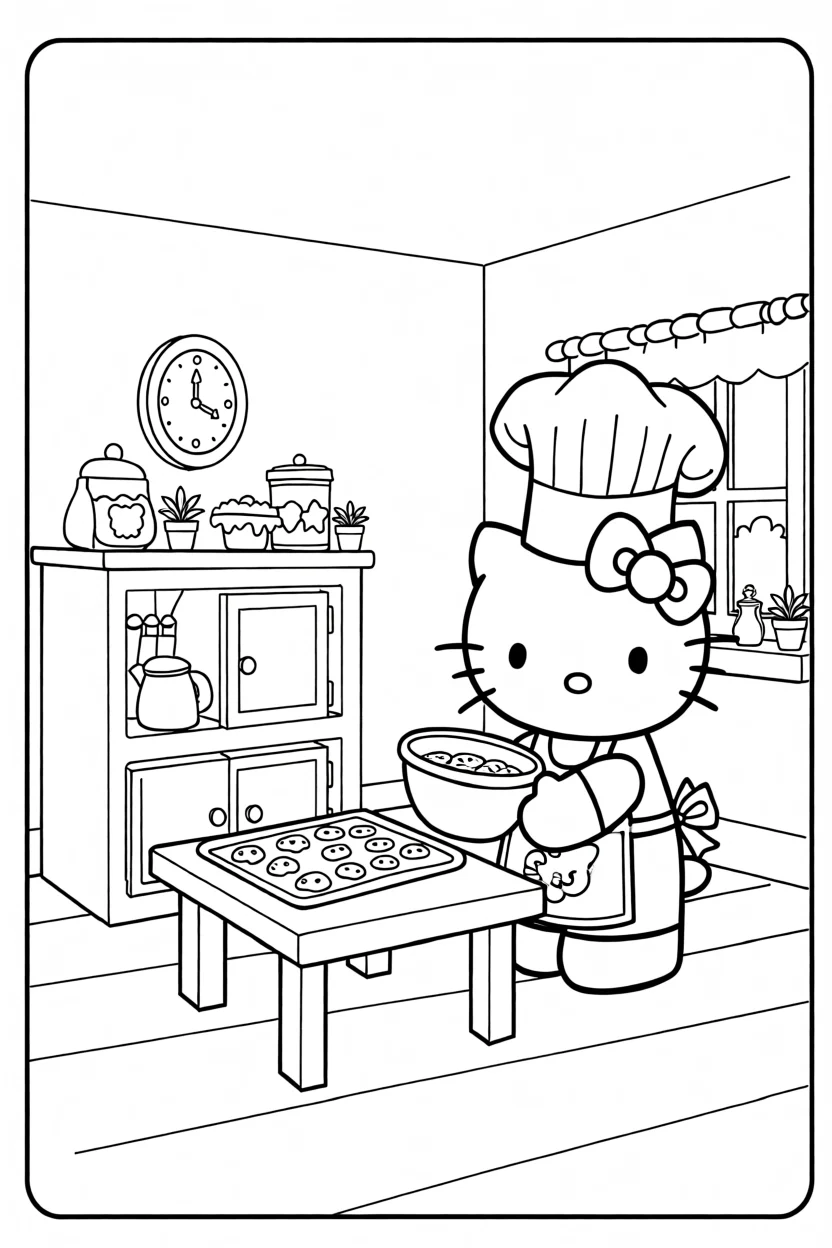 Desenho da Hello Kitty Cozinhando Para Imprimir e Colorir