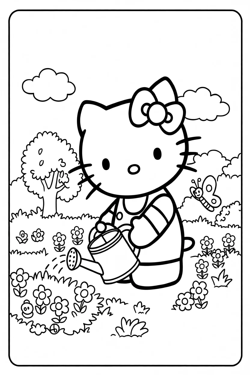 Desenho da Hello Kitty Regando Flores Para Imprimir e Colorir