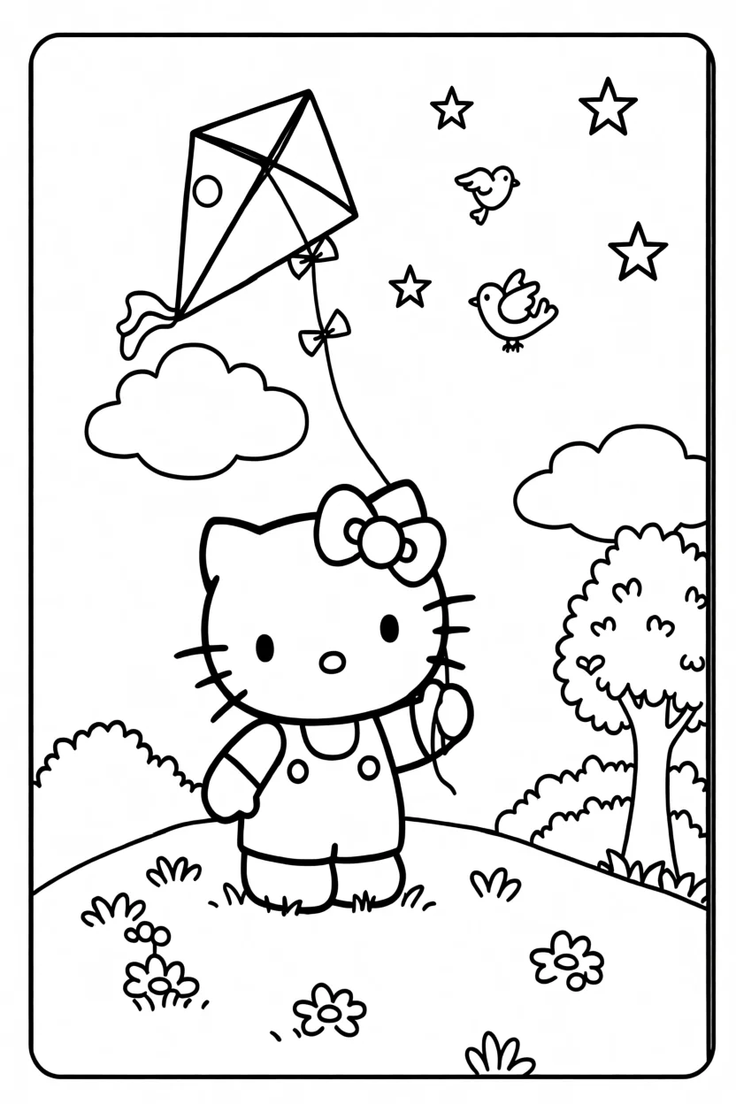 Desenho da Hello Kitty com Pipa Para Imprimir e Colorir