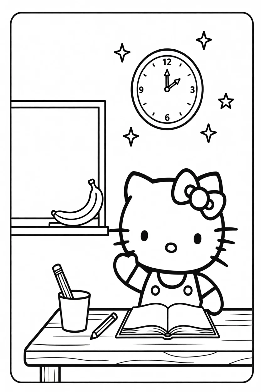 Desenho da Hello Kitty na Escola Para Imprimir e Colorir