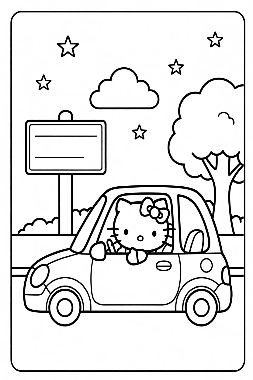 Desenho da Hello Kitty no Carro Para Imprimir e Colorir