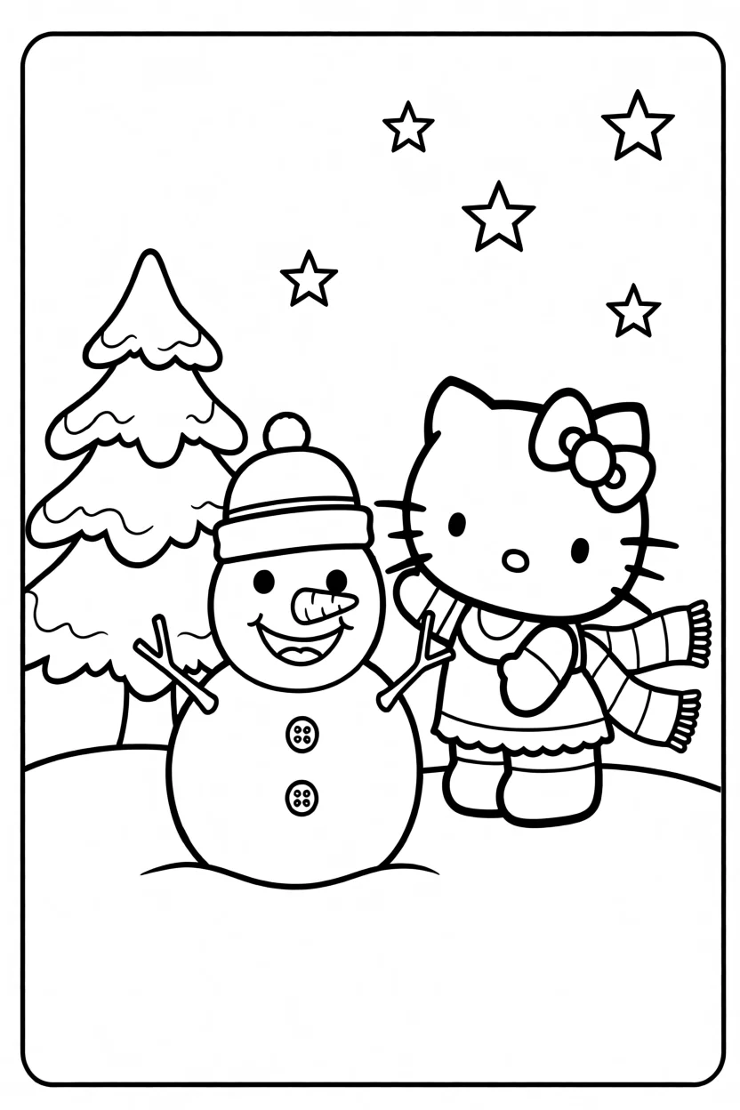 Desenho da Hello Kitty com Boneco de Neve Para Imprimir e Colorir