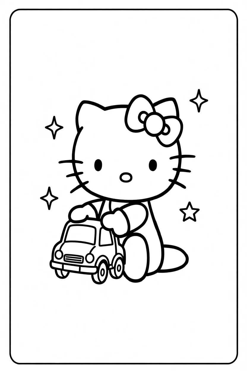 Desenho da Hello Kitty com Carro Para Imprimir e Colorir