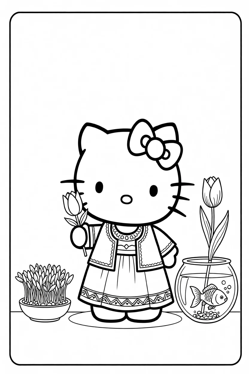 Desenho da Hello Kitty com Peixe Para Imprimir e Colorir