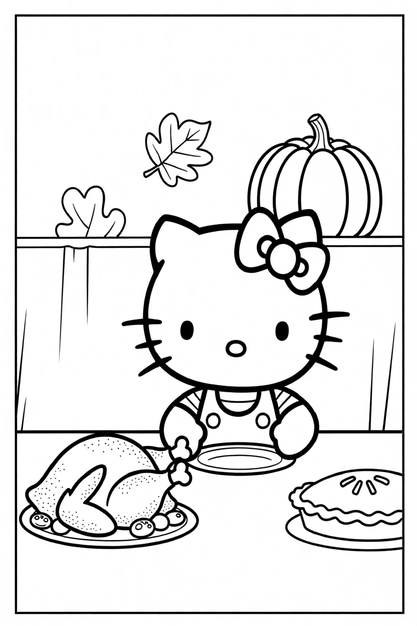Desenho da Hello Kitty com Jantar Para Imprimir e Colorir
