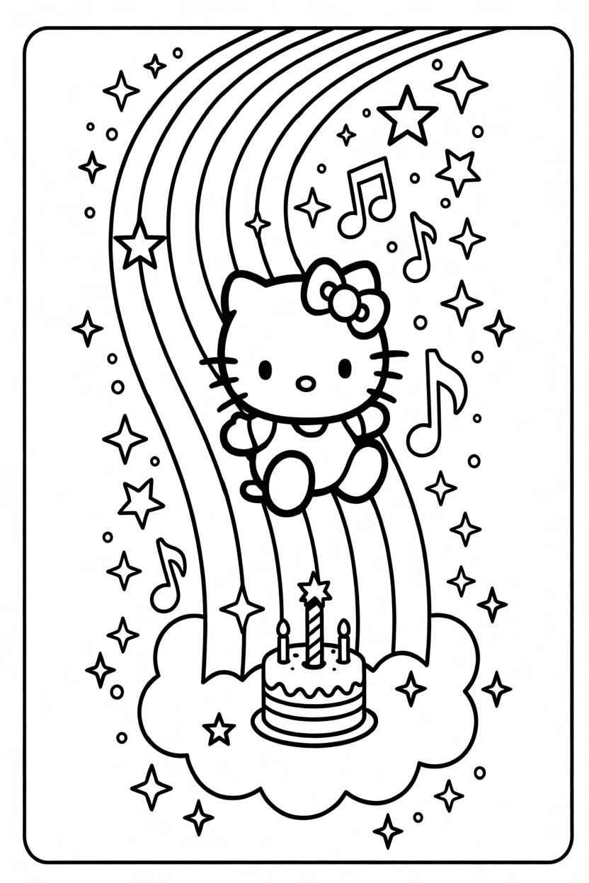 Desenho da Hello Kitty com Bolo Para Imprimir e Colorir