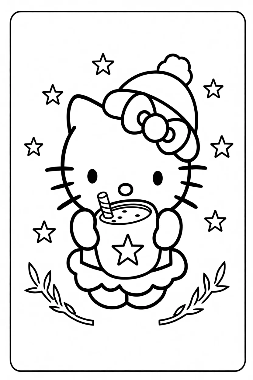 Desenho da Hello Kitty com Bebida Para Imprimir e Colorir