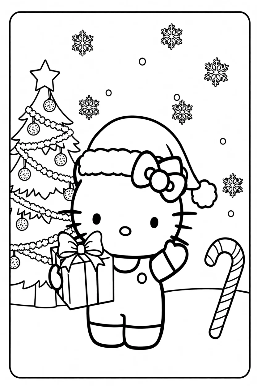 Desenho da Hello Kitty com Presente Para Imprimir e Colorir