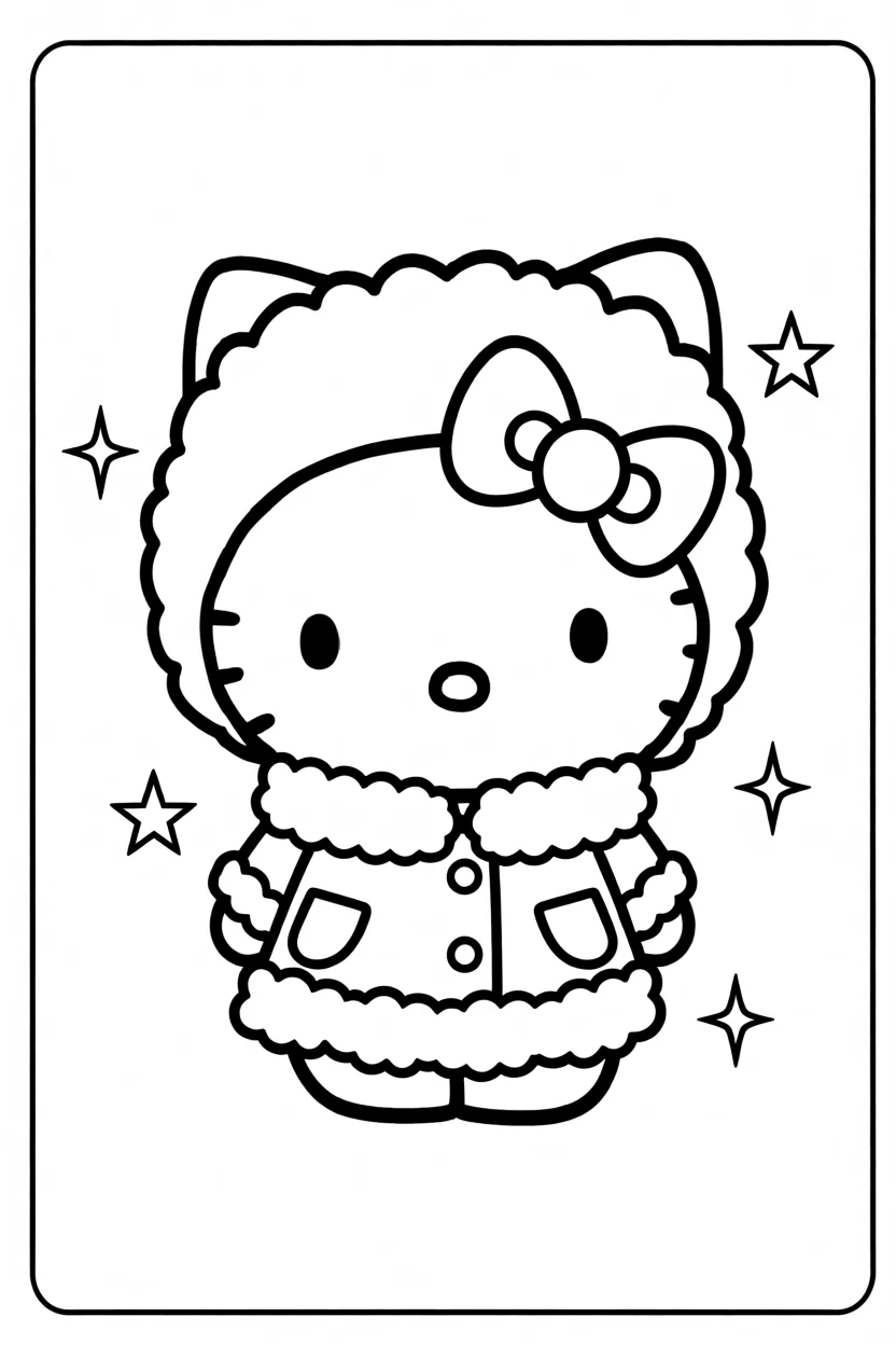 Desenho da Hello Kitty com Casaco Para Imprimir e Colorir