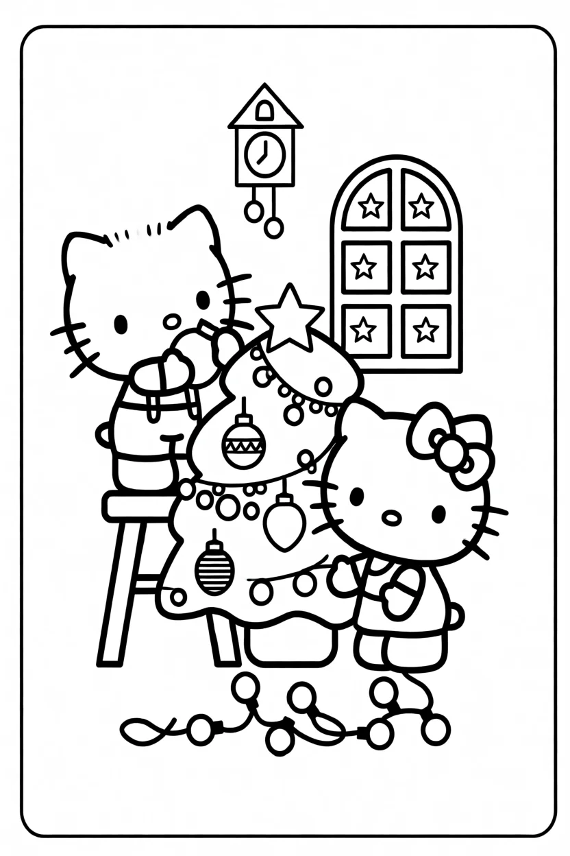 Desenho da Hello Kitty Decorando u00c1rvore Para Imprimir e Colorir