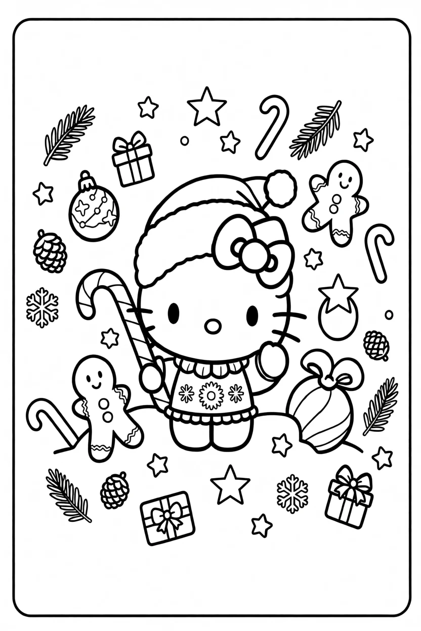Desenho da Hello Kitty com Doces de Natal Para Imprimir e Colorir