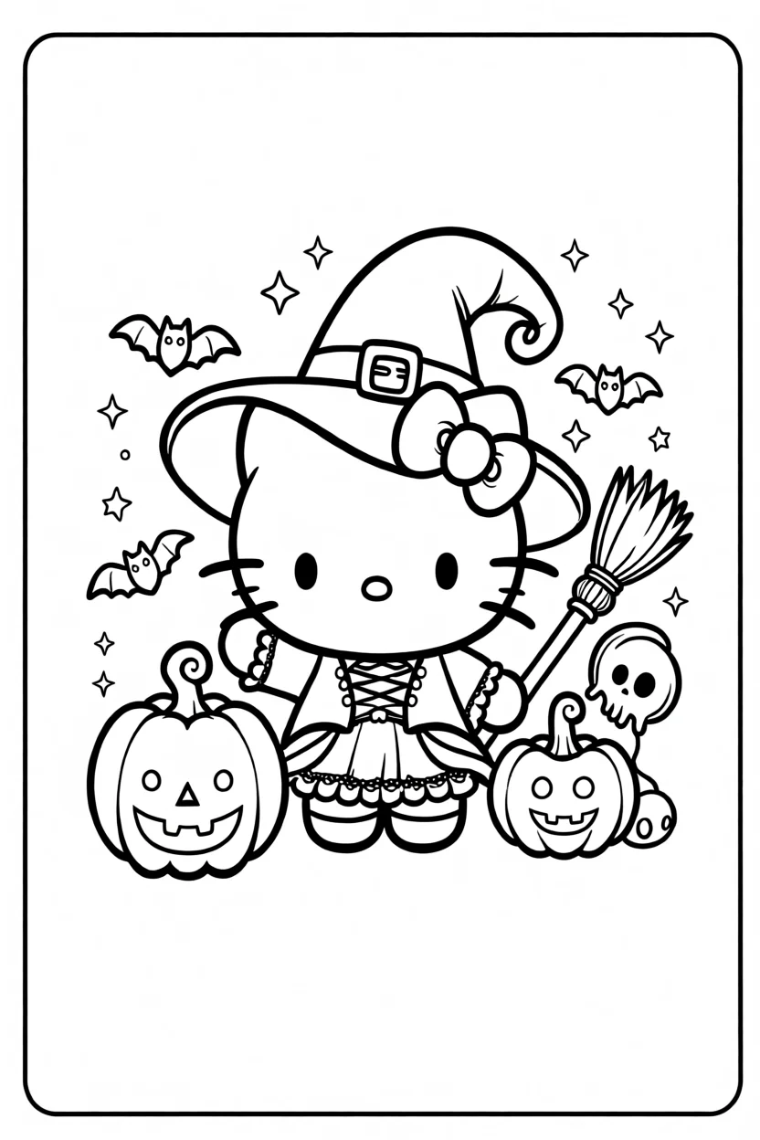 Desenho da Hello Kitty Bruxa Para Imprimir e Colorir