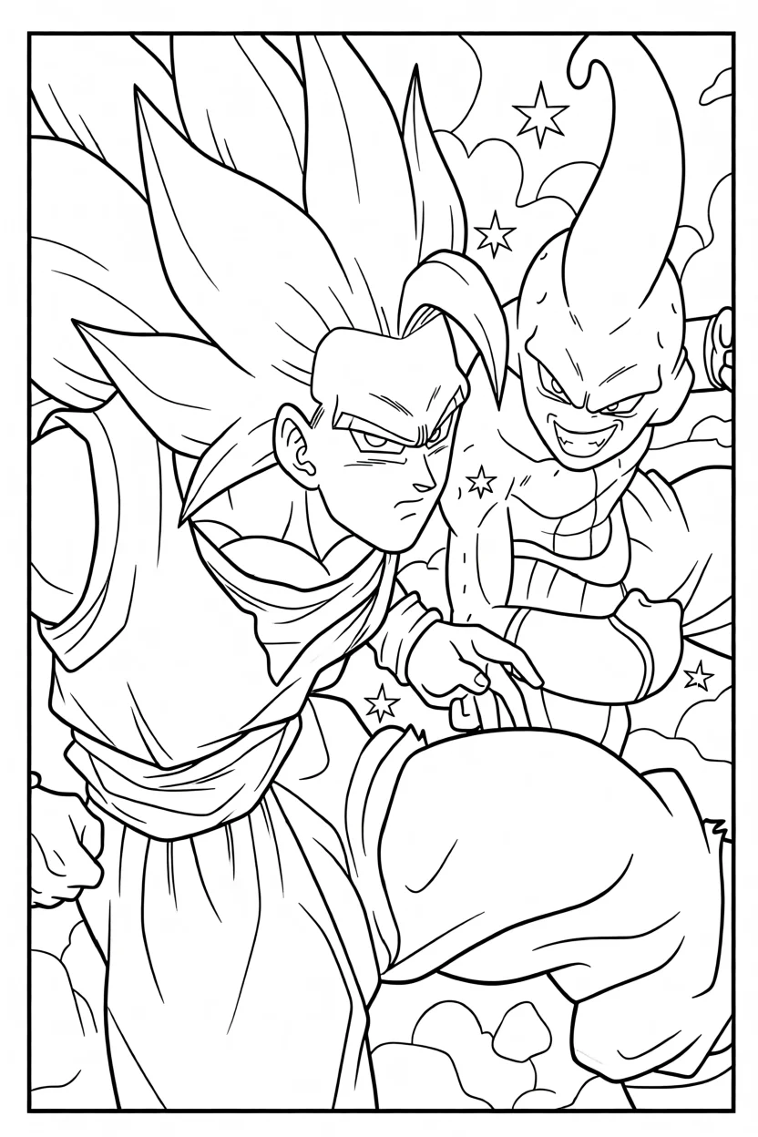 Desenho de Goku com Majin Boo Para Imprimir e Colorir