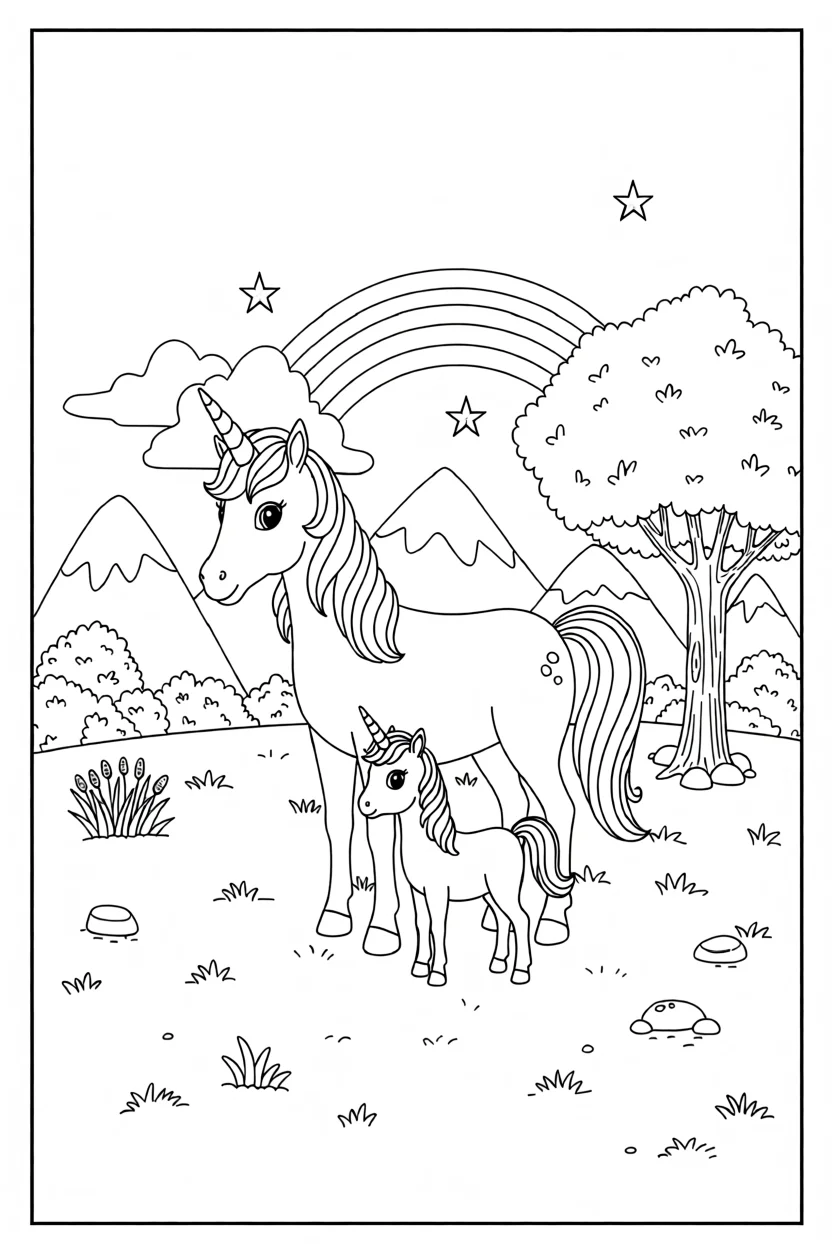 Desenho de Unicu00f3rnio com Filhote Para Imprimir e Colorir