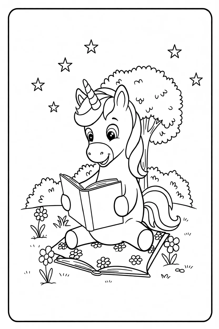 Desenho de Unicu00f3rnio com Livro Para Imprimir e Colorir