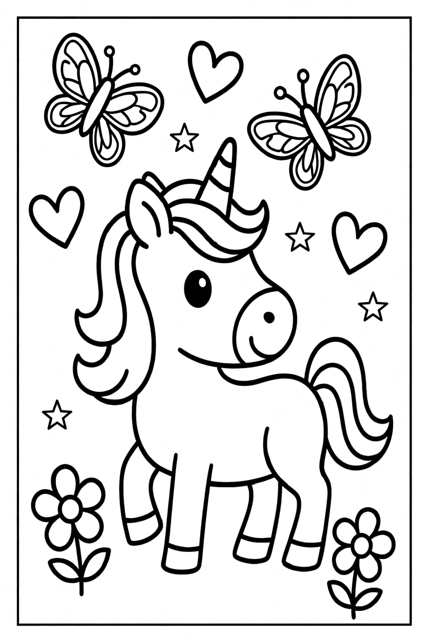 Desenho de Unicu00f3rnio com Borboletas Para Imprimir e Colorir