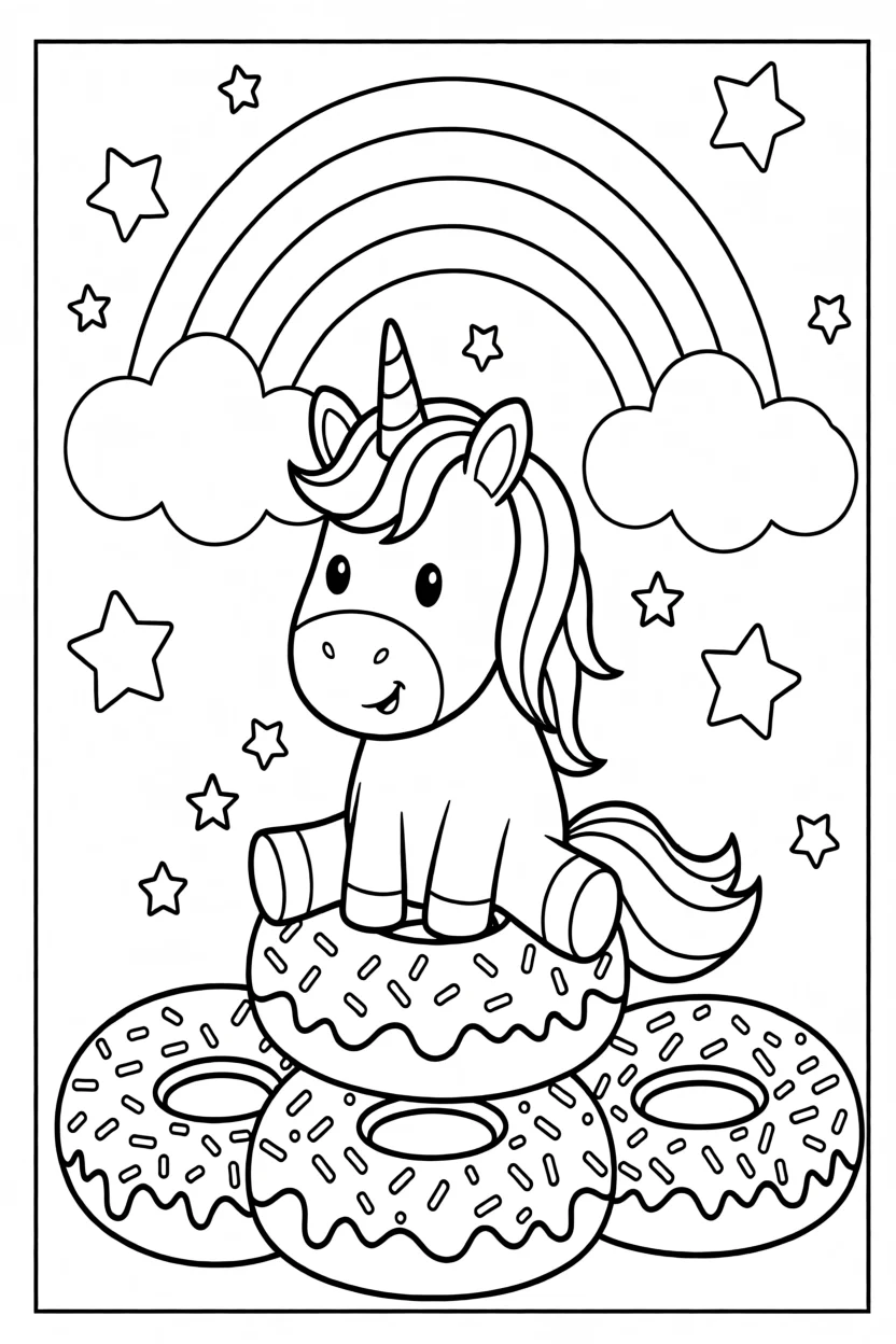 Desenho de Unicu00f3rnio com Donuts Para Imprimir e Colorir