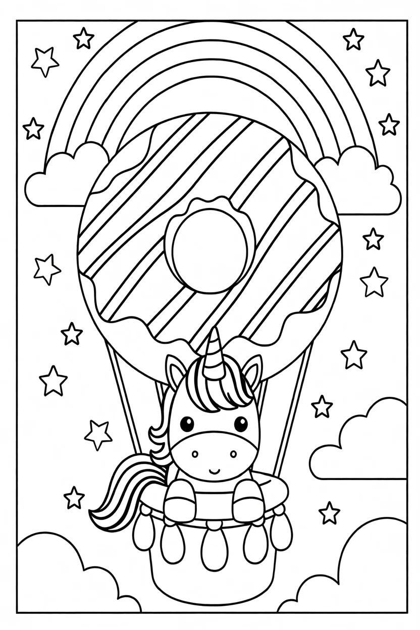 Desenho de Unicu00f3rnio com Balu00e3o de Donuts Para Imprimir e Colorir