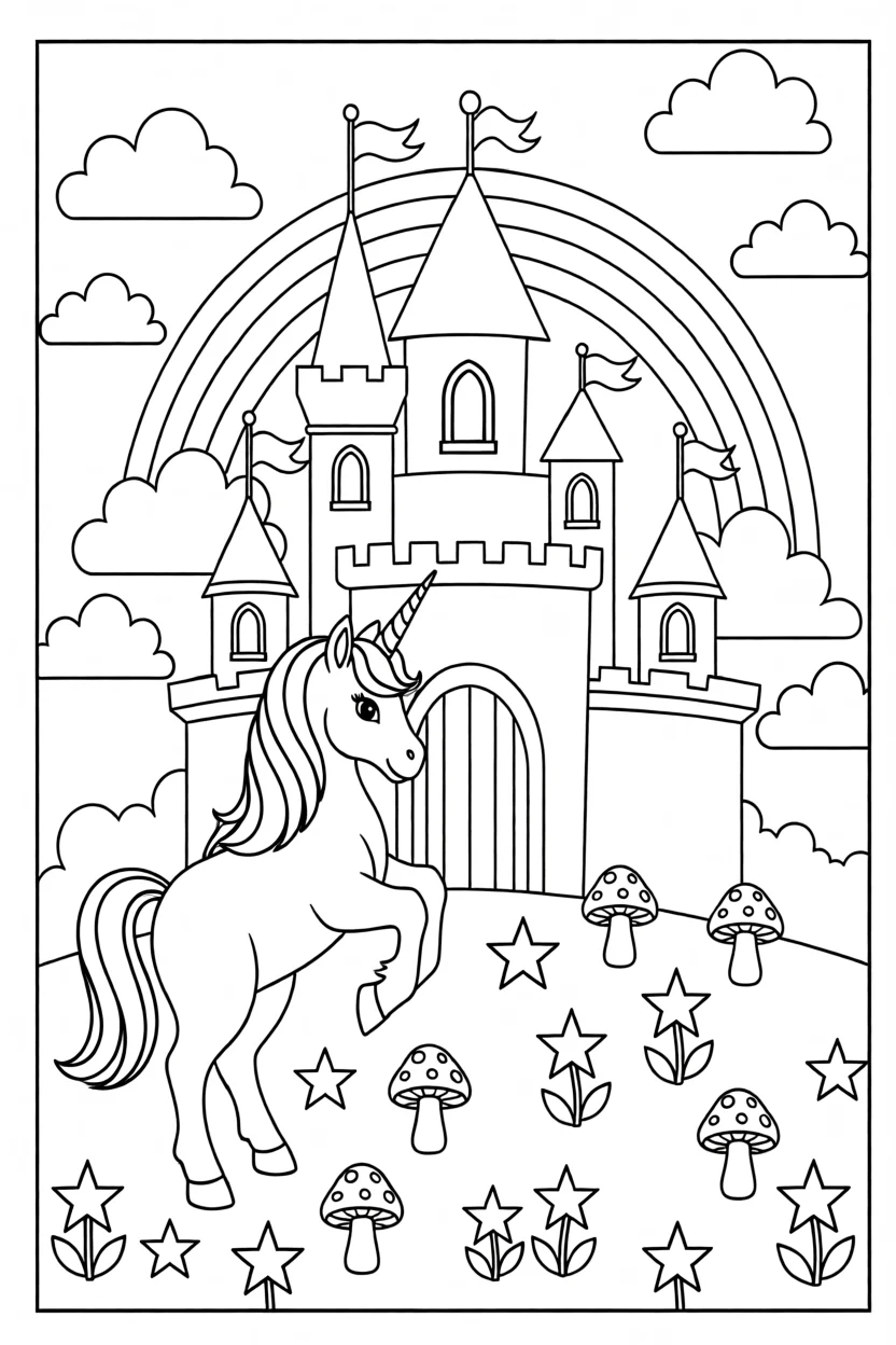 Desenho de Unicu00f3rnio com Castelo Para Imprimir e Colorir