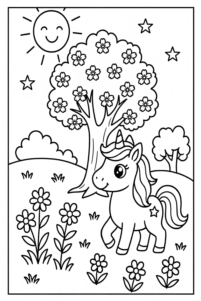 Desenho de Unicu00f3rnio com u00c1rvore de Mau00e7u00e3s Para Imprimir e Colorir