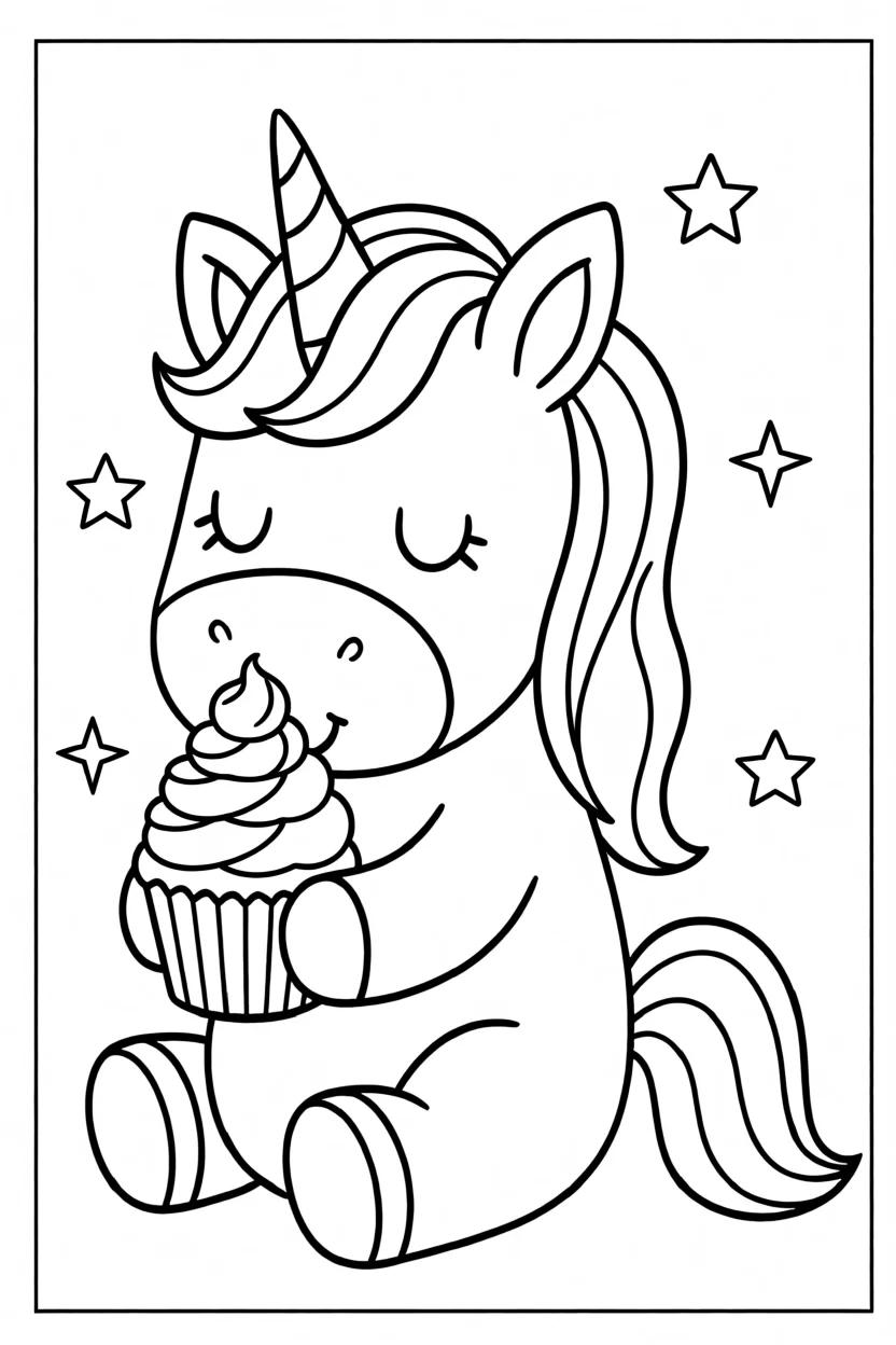 Desenho de Unicu00f3rnio com Cupcake Para Imprimir e Colorir