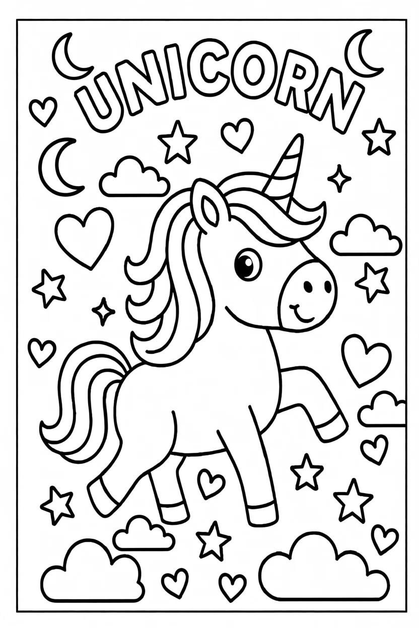 Desenho de Unicu00f3rnio com Estrelas Para Imprimir e Colorir