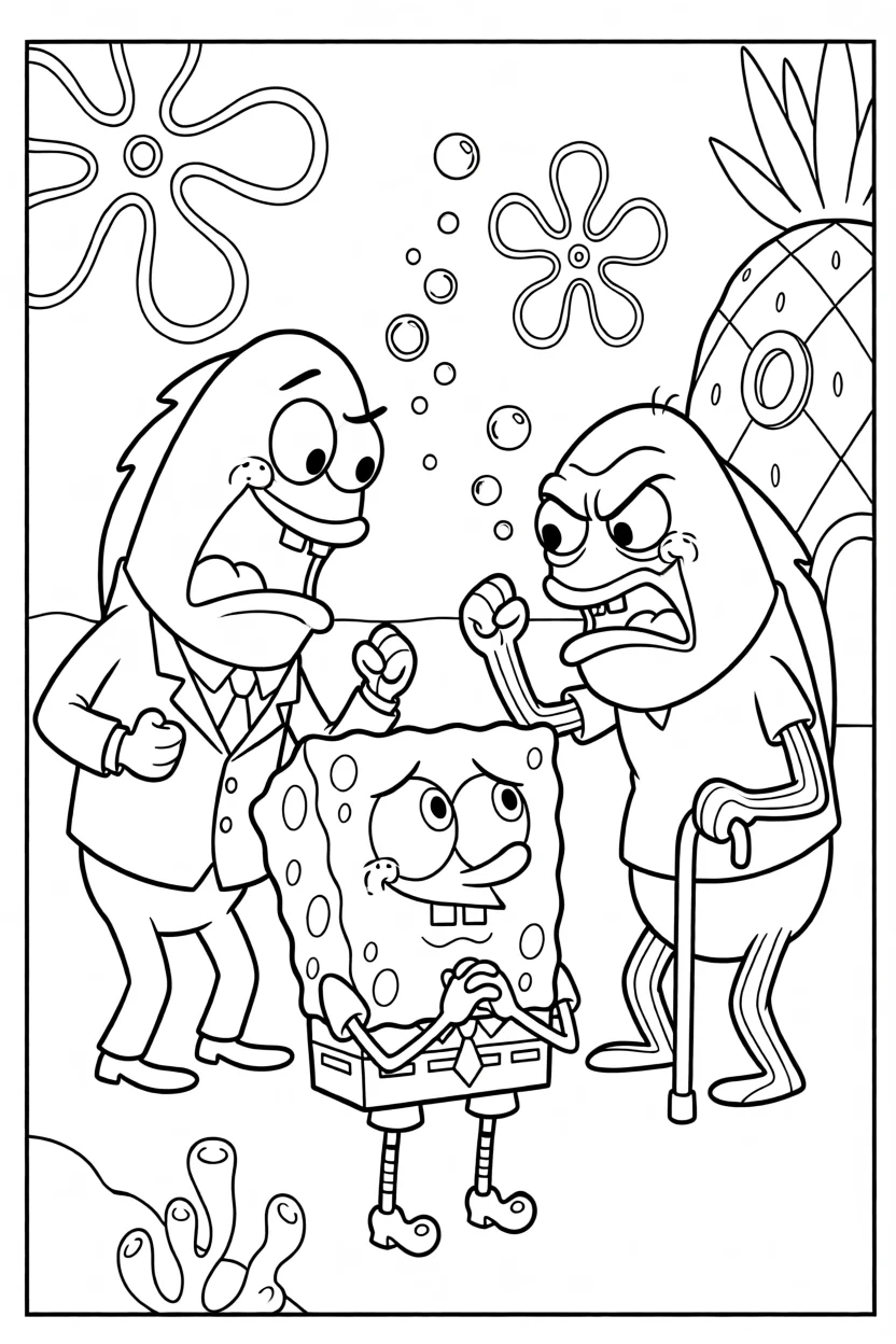 Desenho de Bob Esponja com Personagens Para Imprimir e Colorir