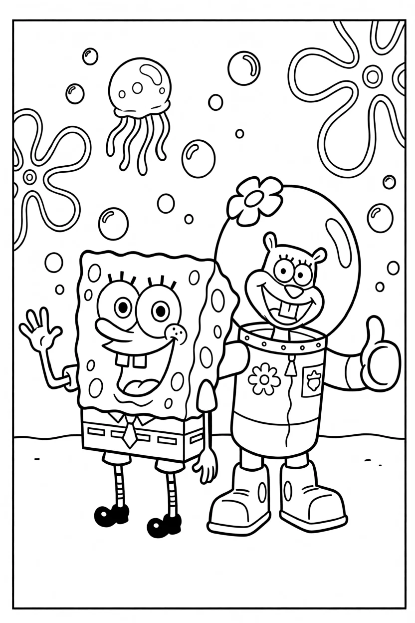 Desenho do Bob Esponja e Sandy Para Imprimir e Colorir