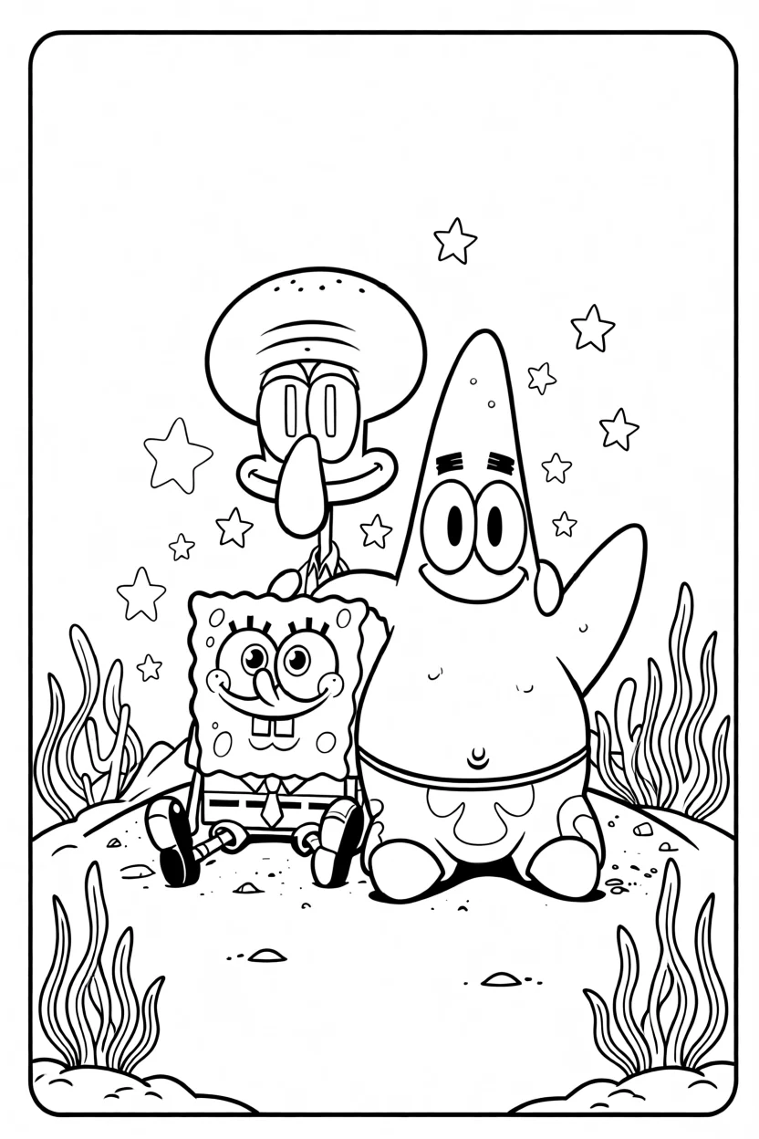 Desenho de Bob Esponja, Patrick e Lula Molusco Para Imprimir e Colorir