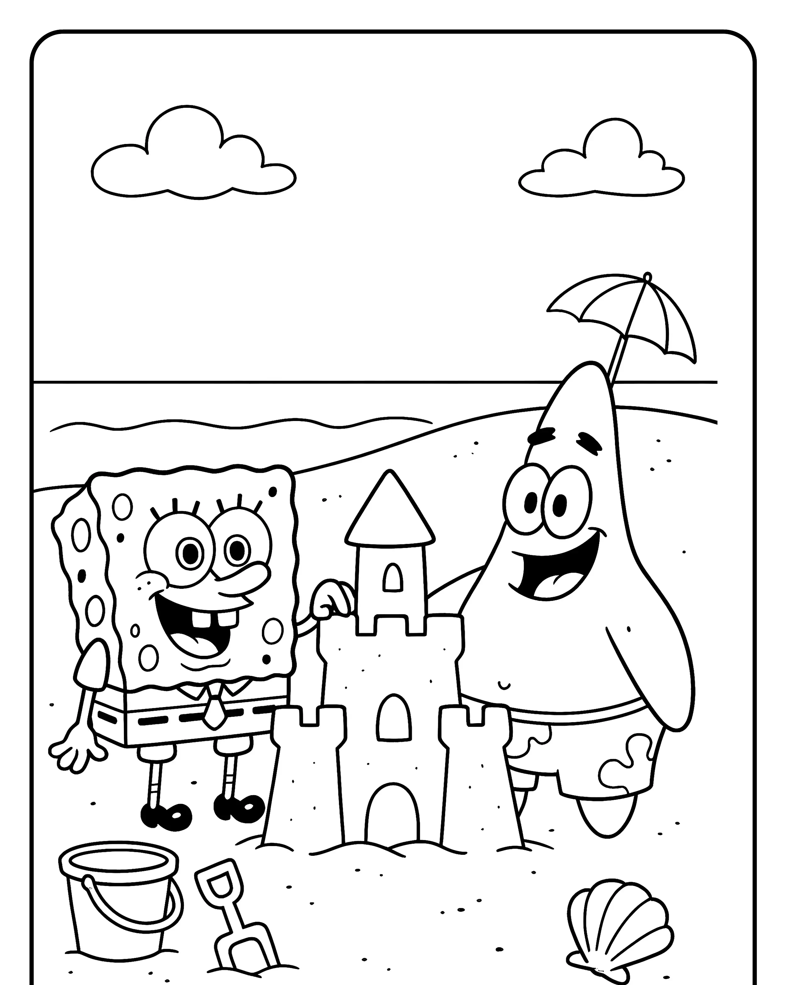 Desenho do Bob Esponja e Patrick na Praia Para Imprimir e Colorir