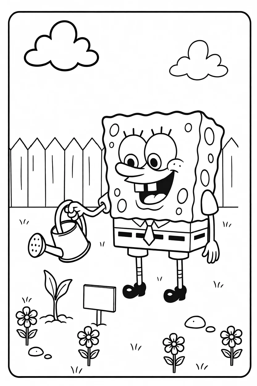 Desenho do Bob Esponja Regando Planta Para Imprimir e Colorir