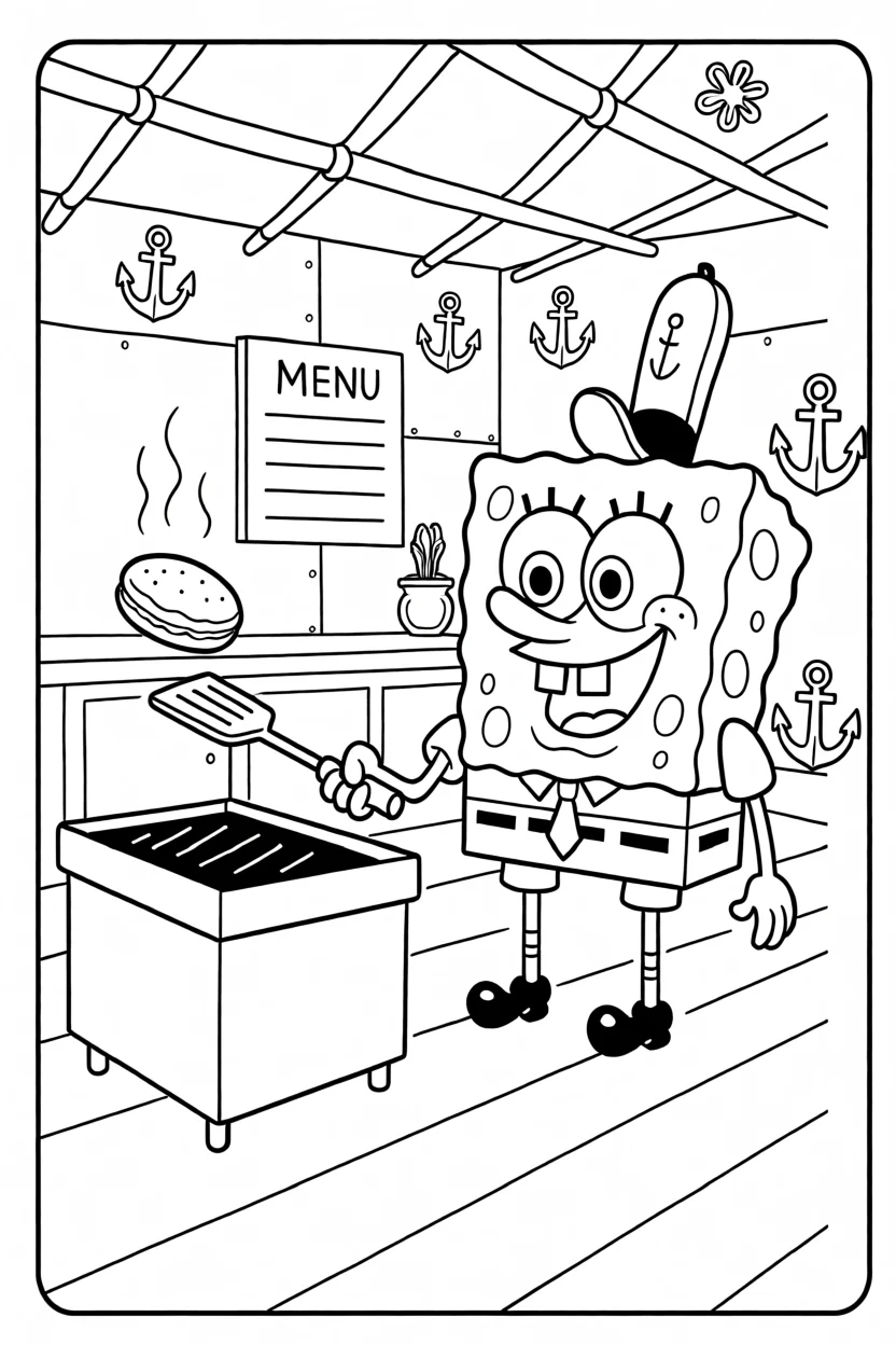 Desenho do Bob Esponja Cozinhando Para Imprimir e Colorir
