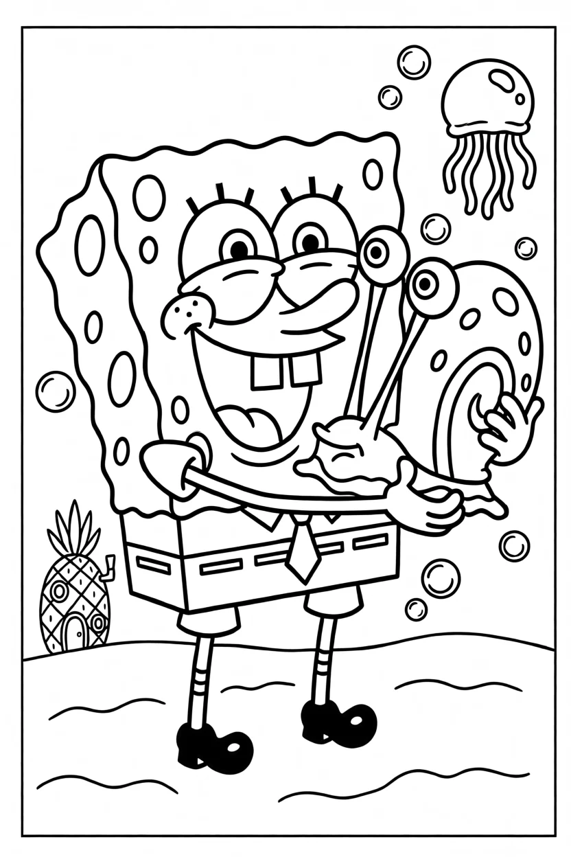 Desenho do Bob Esponja com Gary Para Imprimir e Colorir