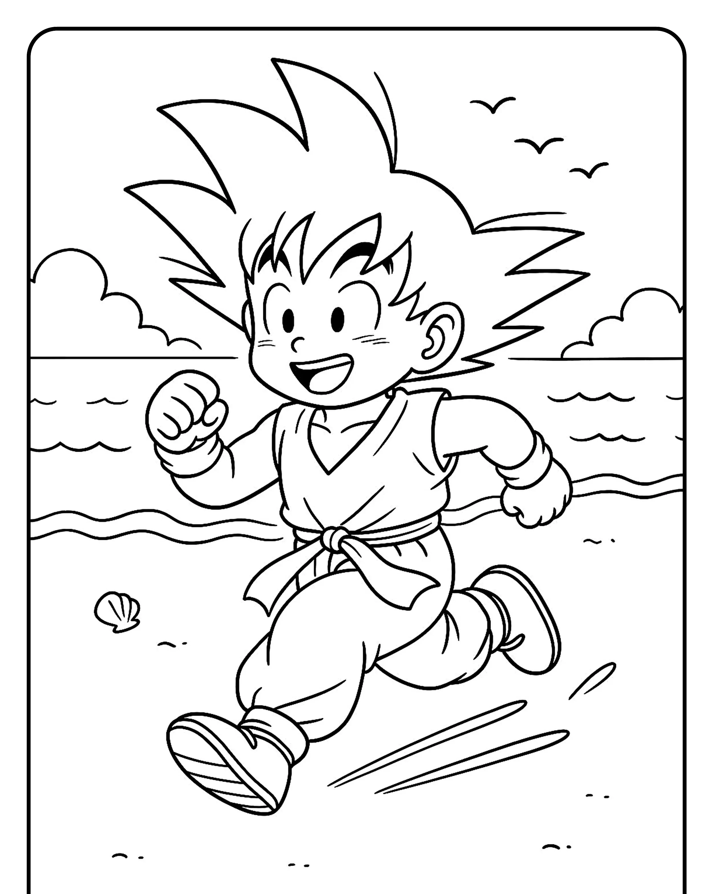 Desenho do Goku Correndo na Praia Para Imprimir e Colorir