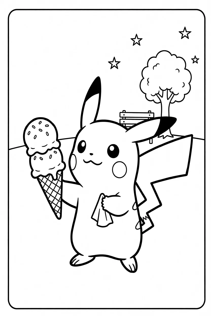 Desenho do Pikachu com Sorvete Para Imprimir e Colorir