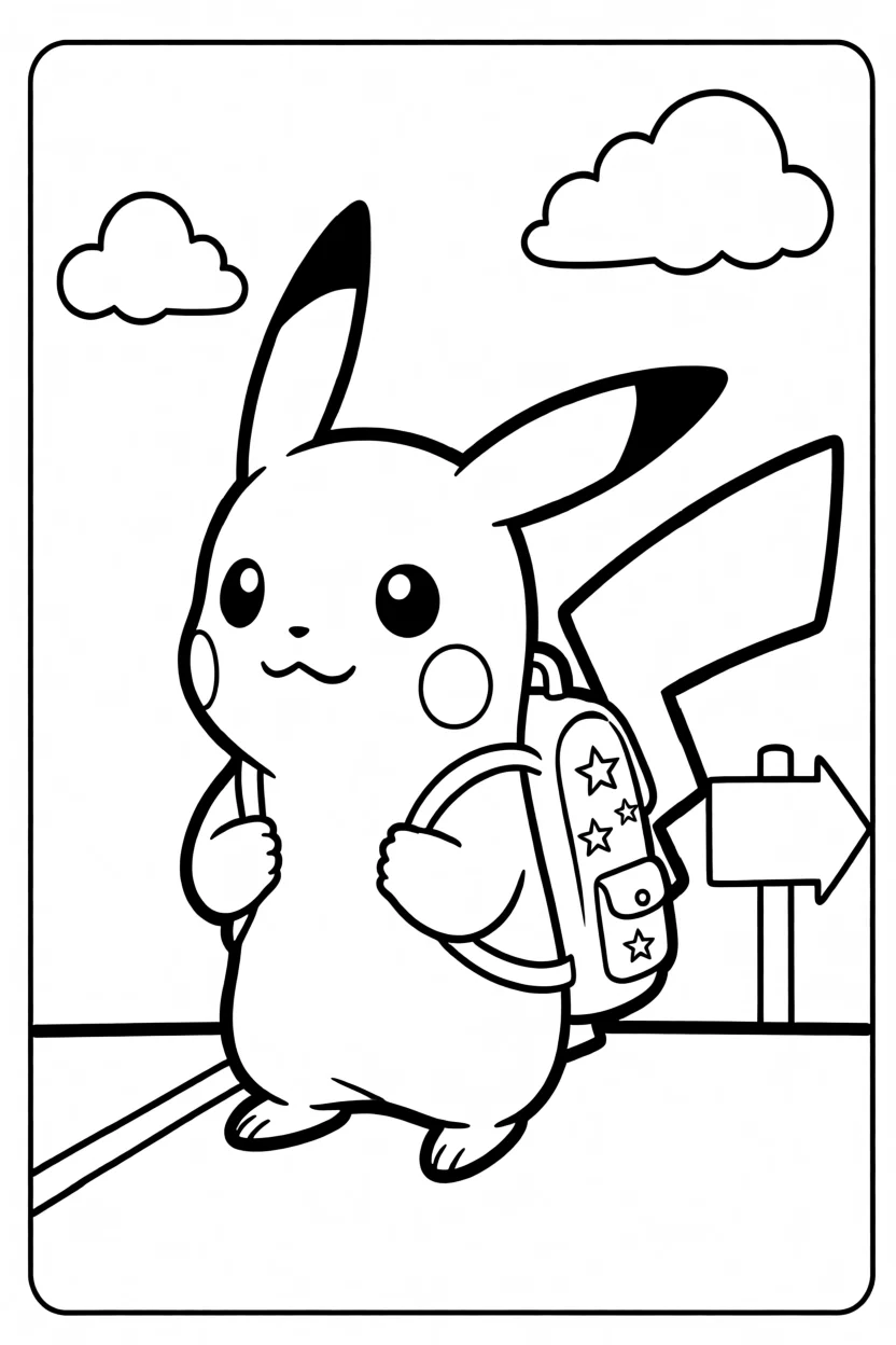 Desenho do Pikachu com Mochila Para Imprimir e Colorir