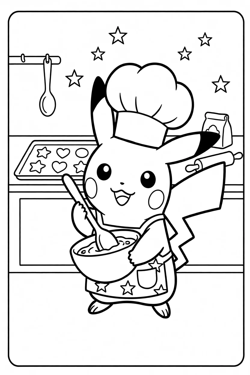Desenho do Pikachu Cozinheiro Para Imprimir e Colorir