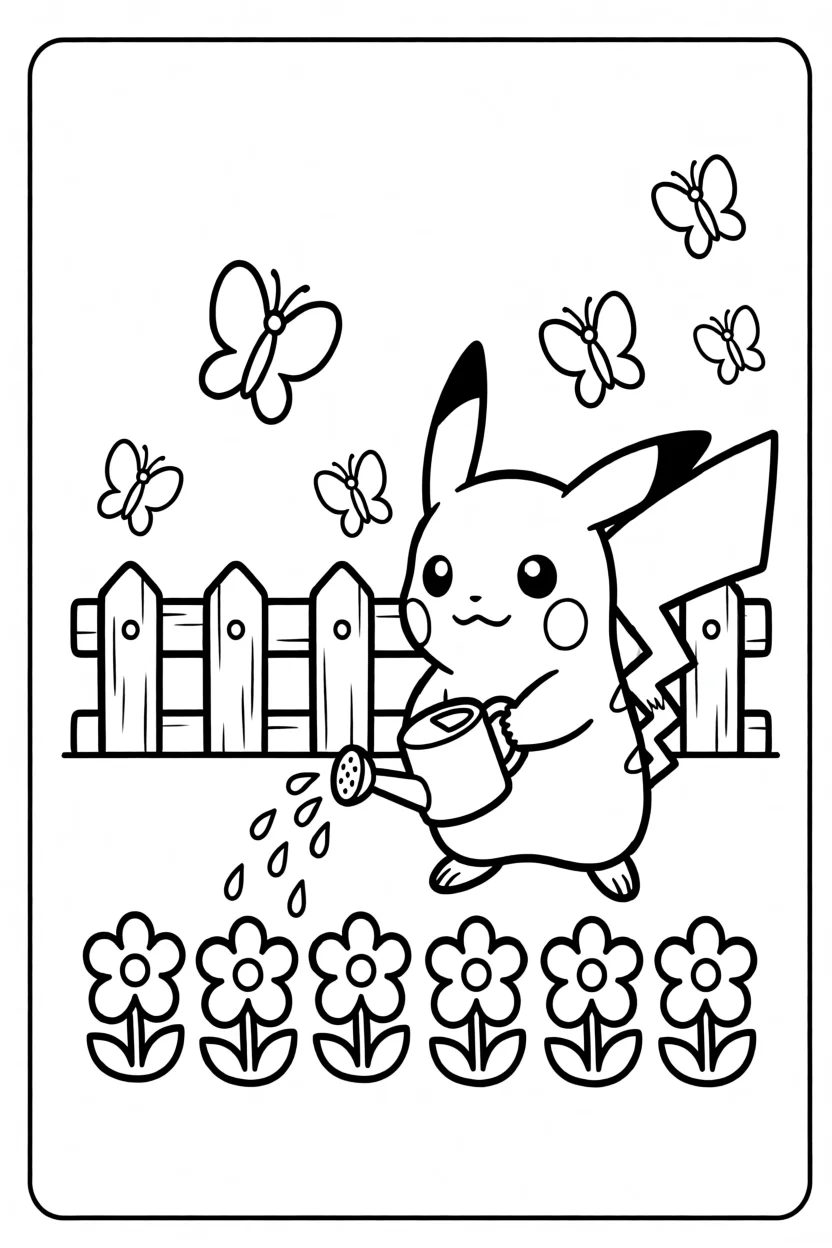 Desenho do Pikachu Regando Flores Para Imprimir e Colorir