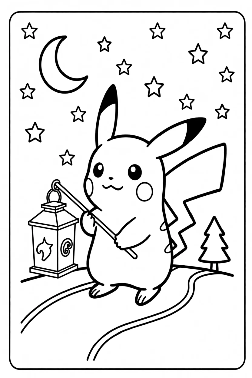 Desenho do Pikachu com Lanterna Para Imprimir e Colorir