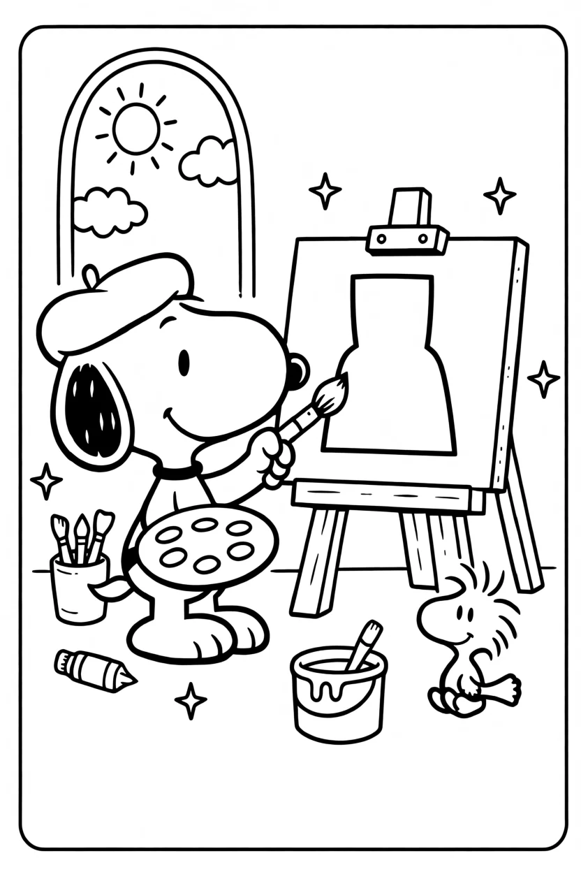 Desenho do Snoopy Pintando com Woodstock Para Imprimir e Colorir
