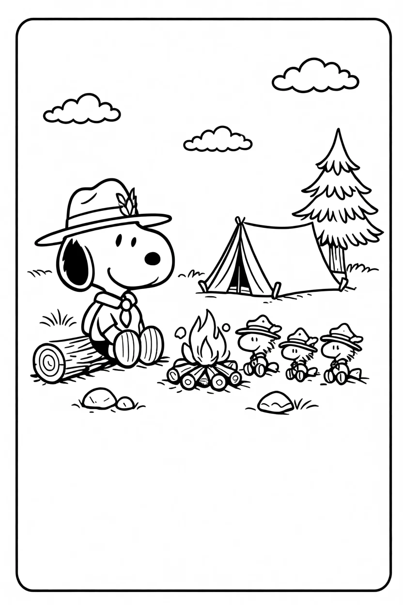 Desenho do Snoopy com Tenda Para Imprimir e Colorir